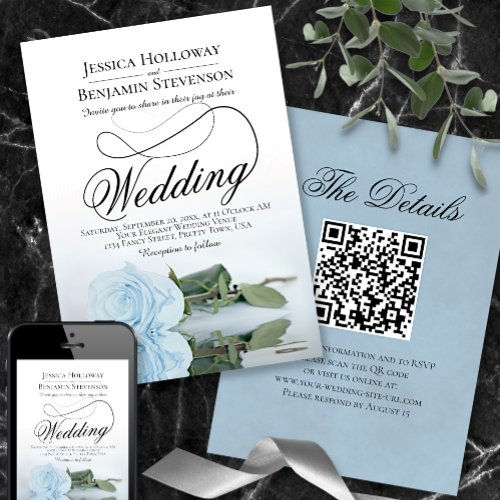 Elegant Dusty Blue Rose Script QR Code Wedding Invitation