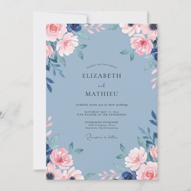 Elegant Dusty Blue Rose Wedding Invitation (Front)
