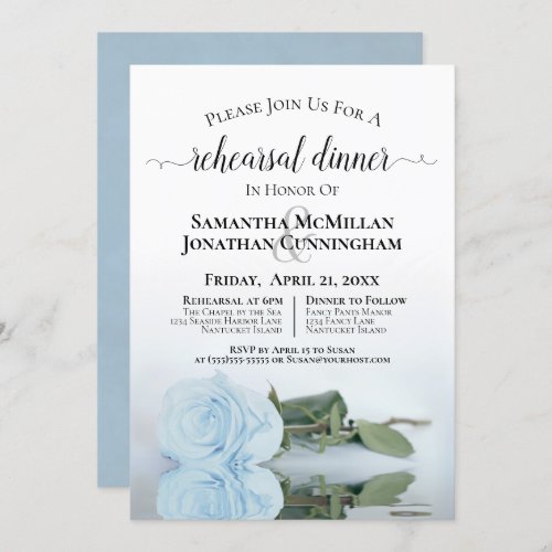 Elegant Dusty Blue Rose Wedding Rehearsal Dinner Invitation