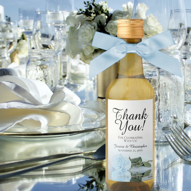 Elegant Dusty Blue Rose Wedding Thank You Mini Wine Label (Creator Uploaded)