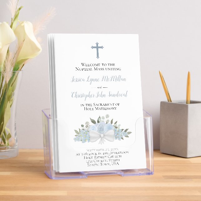Elegant Dusty Blue Roses Catholic Wedding Program Brochure (Insitu)