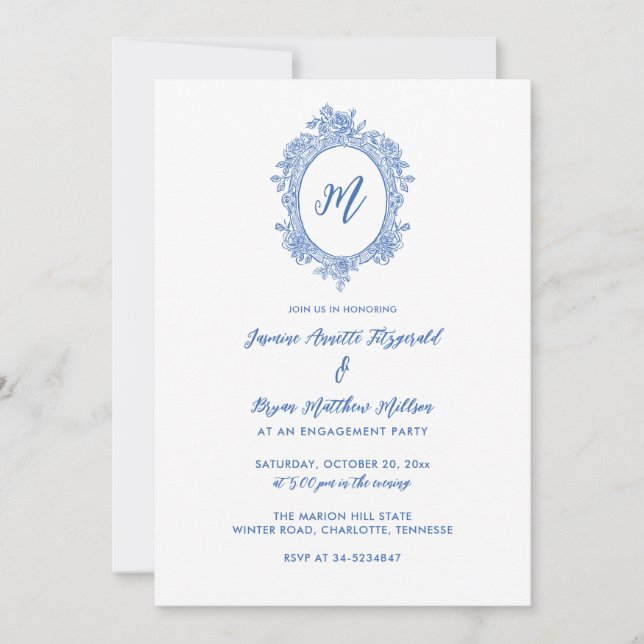 Elegant Dusty Blue Roses Crest Engagement Party Invitation (Front)