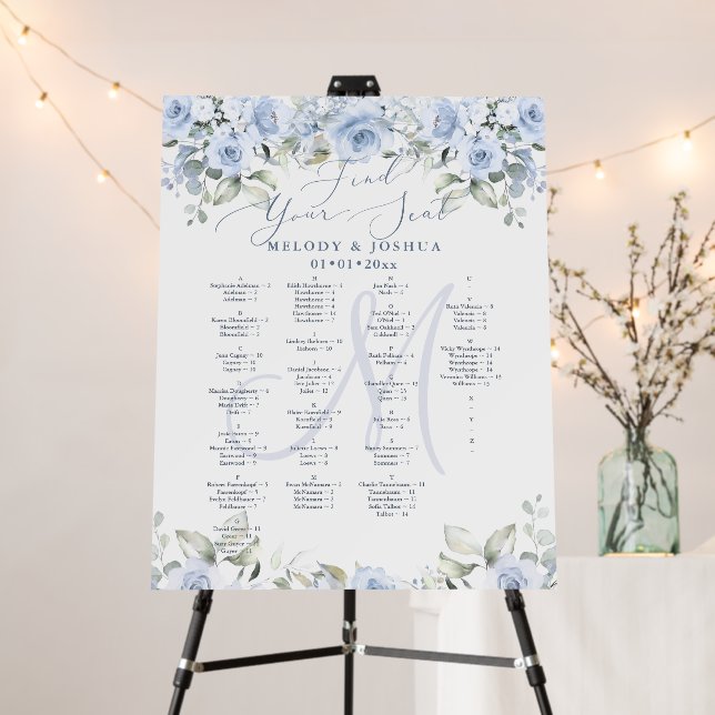 Elegant Dusty Blue Roses Hydrangeas Seating Chart  Foam Board (In Situ (Stand))