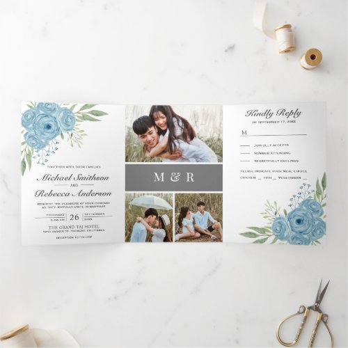 Elegant Dusty Blue Roses Photo Collage Wedding Tri_Fold Invitation