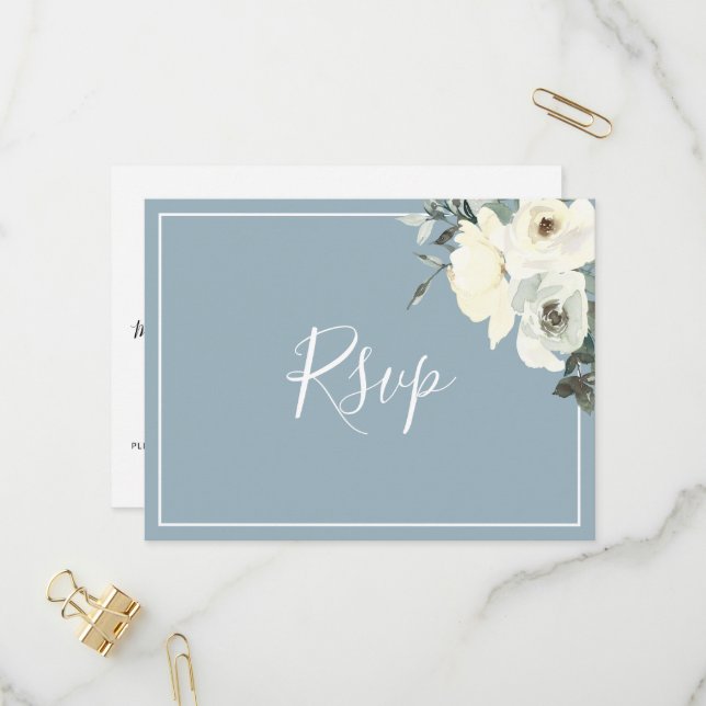 Elegant Dusty Blue RSVP Postcard with Meal Choice (Front/Back In Situ)