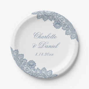 Elegant Dusty Blue Rustic Floral Lace Wedding Paper Plates