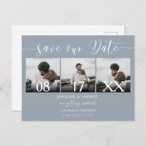 Elegant dusty blue script 3 photos save the date postcard