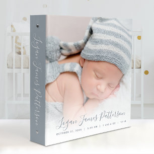 Elegant Dusty Blue Script Baby Photo Album 3 Ring Binder