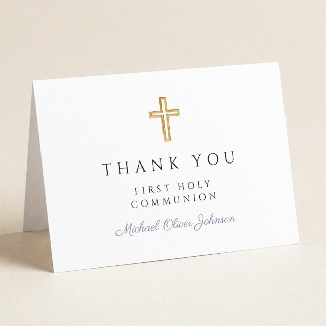 Elegant Dusty Blue Script Boy First Communion  Letterpress Thank You Card (Creator Uploaded)