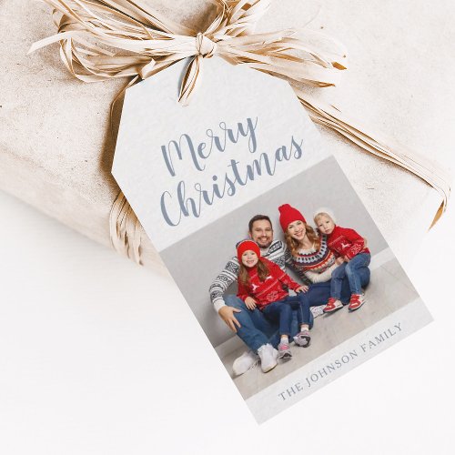 Elegant Dusty Blue Script Christmas Photo Gift Tags