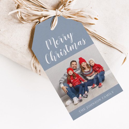 Elegant Dusty Blue Script Christmas Photo Gift Tags