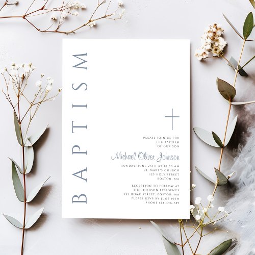 Elegant Dusty Blue Script Cross Baptism Invitation