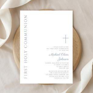 Elegant Dusty Blue Script First Holy Communion Invitation