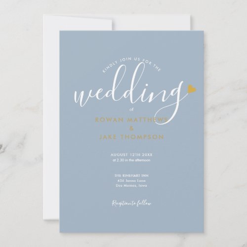 Elegant Dusty Blue Script Gold Heart Wedding Invitation