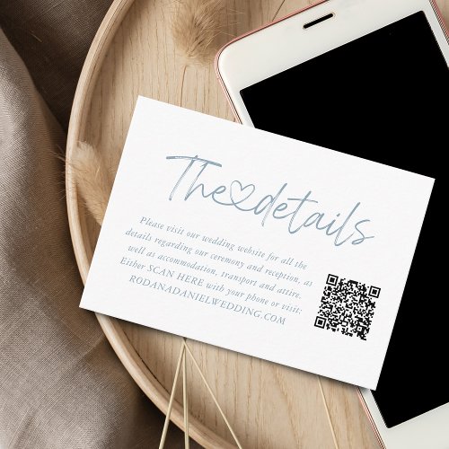 Elegant Dusty Blue Script Heart Details QR Code Enclosure Card