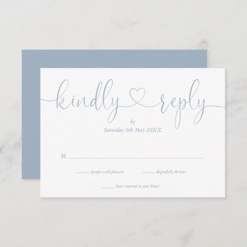 Elegant Dusty Blue Script Heart Kindly Reply RSVP Card - A simple elegant dusty blue script heart kindly reply RSVP card with your details set in chic typography. Designed by Thisisnotme©
