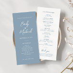 Elegant Dusty Blue Script Minimal Wedding Program<br><div class="desc">Our elegant slim wedding program card is perfect for your minimalist wedding celebration. A beautiful white calligraphy script font paired with simple and clean text sits on a soft blue background to the front of the card. The white reverse has tonal blue text, creating an elevated look to complement your...</div>