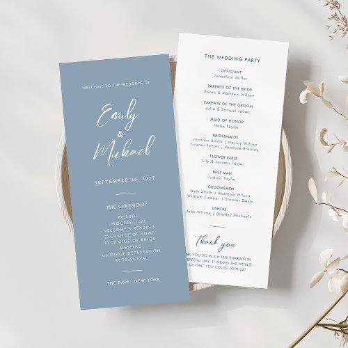 Elegant Dusty Blue Script Minimal Wedding Program