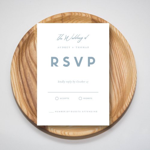 Elegant Dusty Blue Script  Minimalist Wedding  RSVP Card