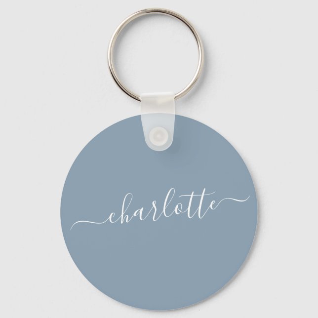 Elegant Dusty Blue Script Modern Name Personalized Keychain (Front)