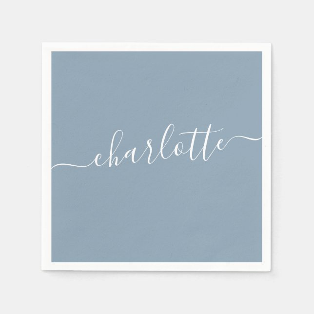 Elegant Dusty Blue Script Modern Name Personalized Napkins (Front)