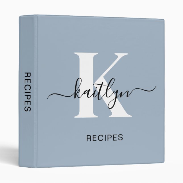 Elegant Dusty Blue Script Monogram 3 Ring Binder (Front/Spine)