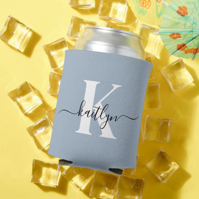 Elegant Dusty Blue Script Monogram Can Cooler (In Situ Summer)