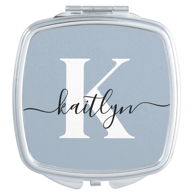 Elegant Dusty Blue Script Monogram Compact Mirror (Front)