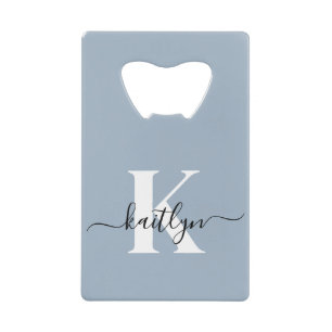 Elegant Dusty Blue Script Monogram Credit Card Bottle Opener
