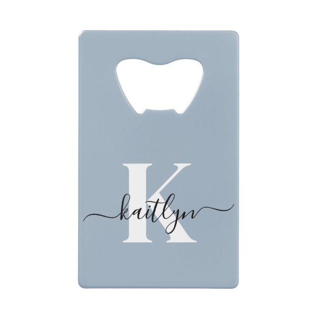 Elegant Dusty Blue Script Monogram Credit Card Bottle Opener (Front)