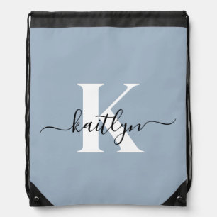 Elegant Dusty Blue Script Monogram Drawstring Bag