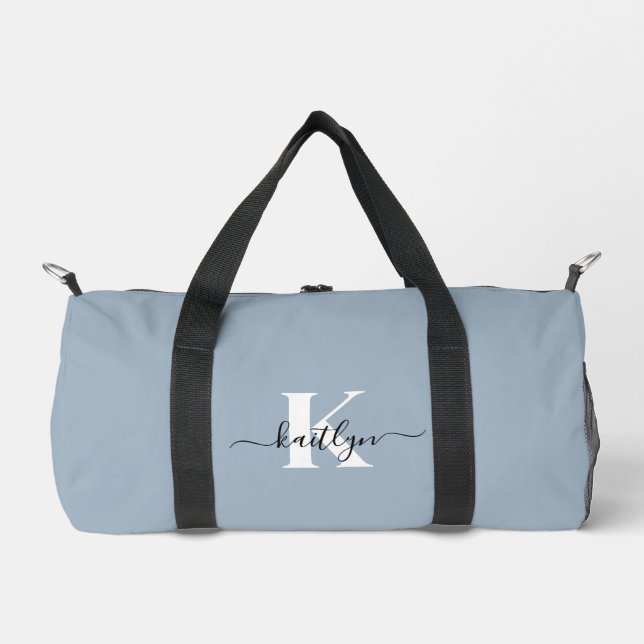 Elegant Dusty Blue Script Monogram Duffle Bag (Front)