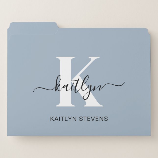 Elegant Dusty Blue Script Monogram File Folder (Front Left)