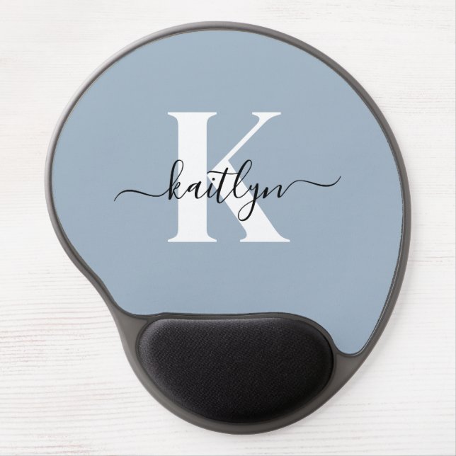 Elegant Dusty Blue Script Monogram Gel Mouse Pad (Front)