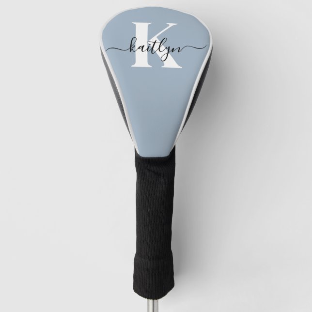 Elegant Dusty Blue Script Monogram Golf Head Cover (Front)