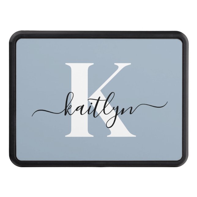 Elegant Dusty Blue Script Monogram Hitch Cover (Front)