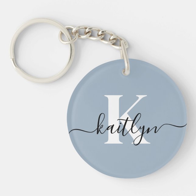 Elegant Dusty Blue Script Monogram Keychain (Front)