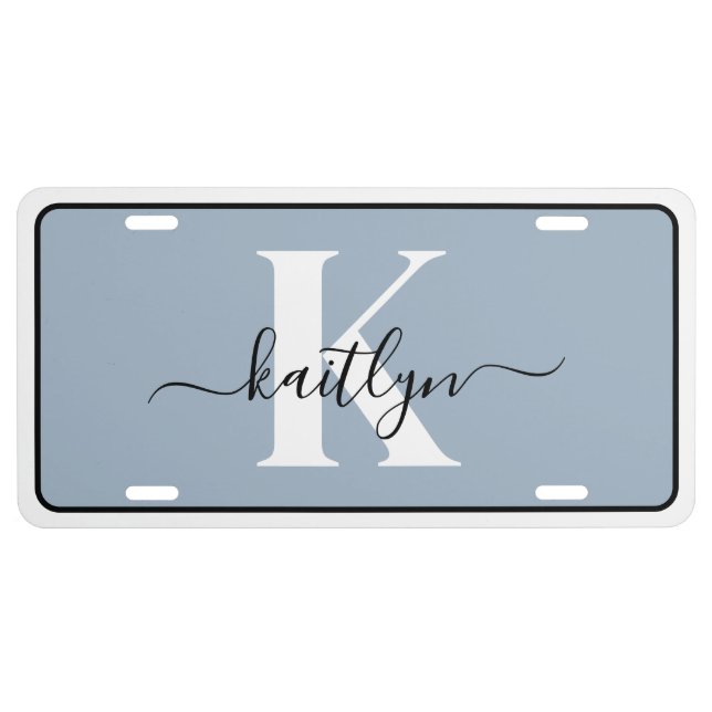 Elegant Dusty Blue Script Monogram License Plate (Front)