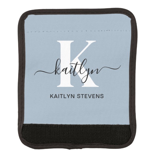 Elegant Dusty Blue Script Monogram Luggage Handle Wrap (Front)
