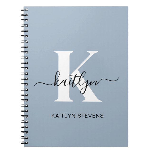 Elegant Dusty Blue Script Monogram Notebook (Front)