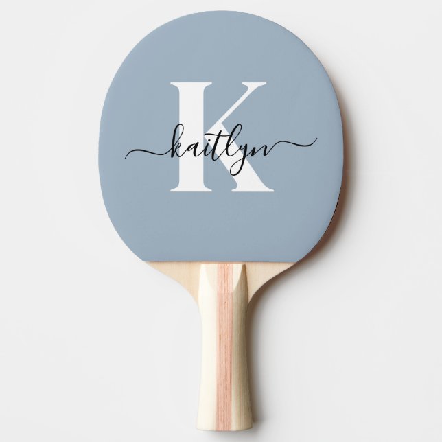 Elegant Dusty Blue Script Monogram Ping Pong Paddle (Front)