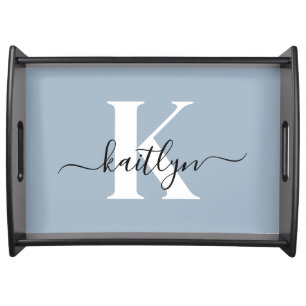 Elegant Dusty Blue Script Monogram Serving Tray