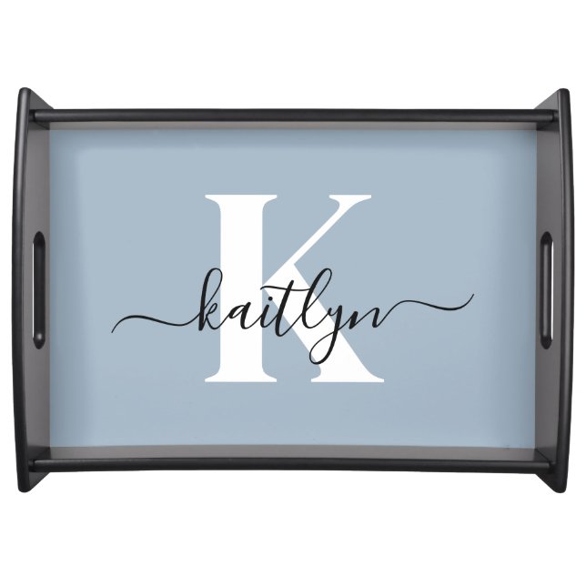 Elegant Dusty Blue Script Monogram Serving Tray (Front)