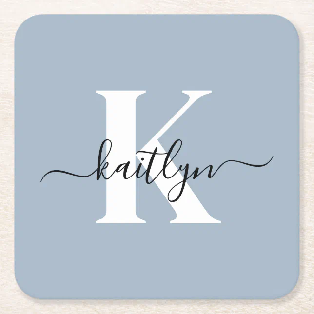 Elegant Dusty Blue Script Monogram Square Paper Coaster | Zazzle