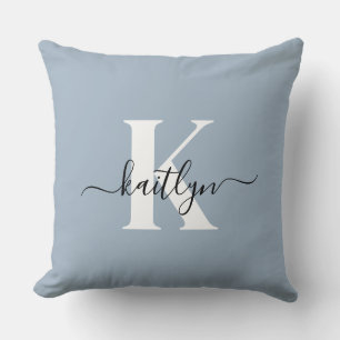 Elegant Dusty Blue Script Monogram Throw Pillow