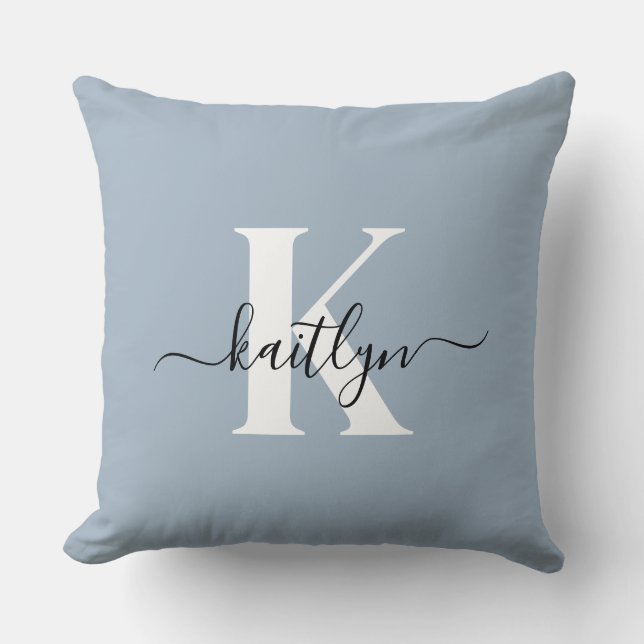 Elegant Dusty Blue Script Monogram Throw Pillow (Front)