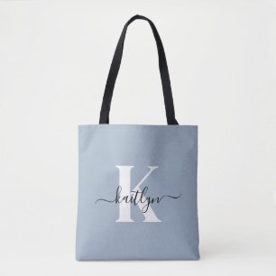 Elegant Dusty Blue Script Monogram Tote Bag