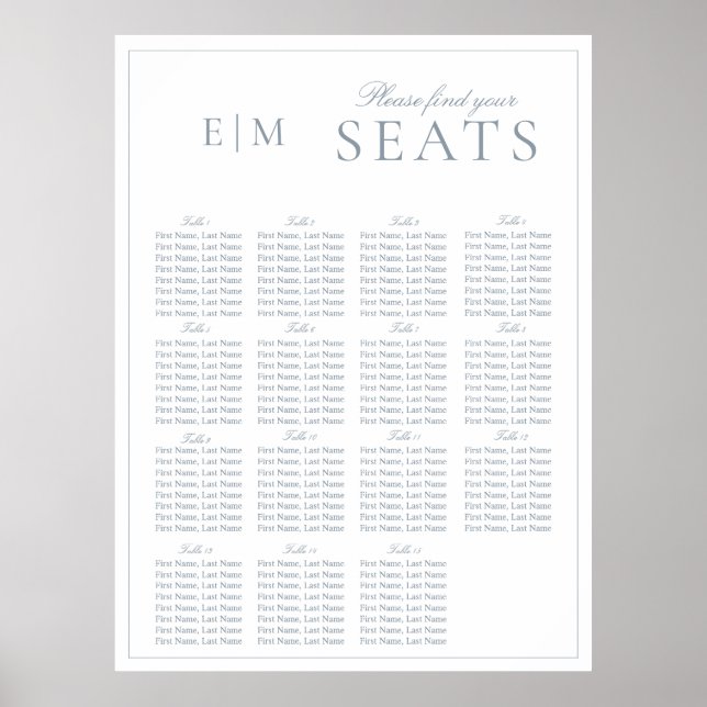 Elegant Dusty Blue Script Monogram Wedding Seat Poster (Front)