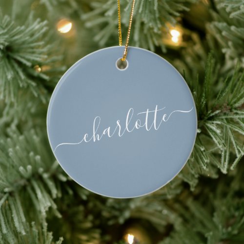 Elegant Dusty Blue Script Name Personalized Ceramic Ornament