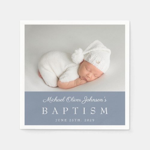 Elegant Dusty Blue Script Photo Boy Baptism Napkins